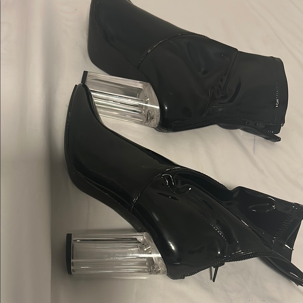 Black Patent Leather Ankle Boots with Clear Heels